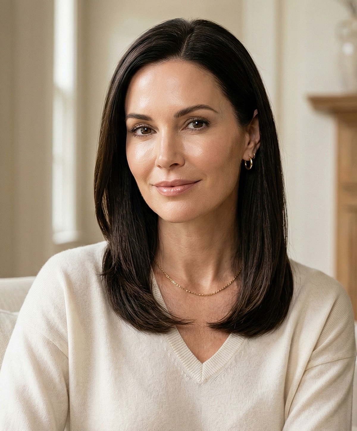 Woman with long hair, wearing a beige sweater.