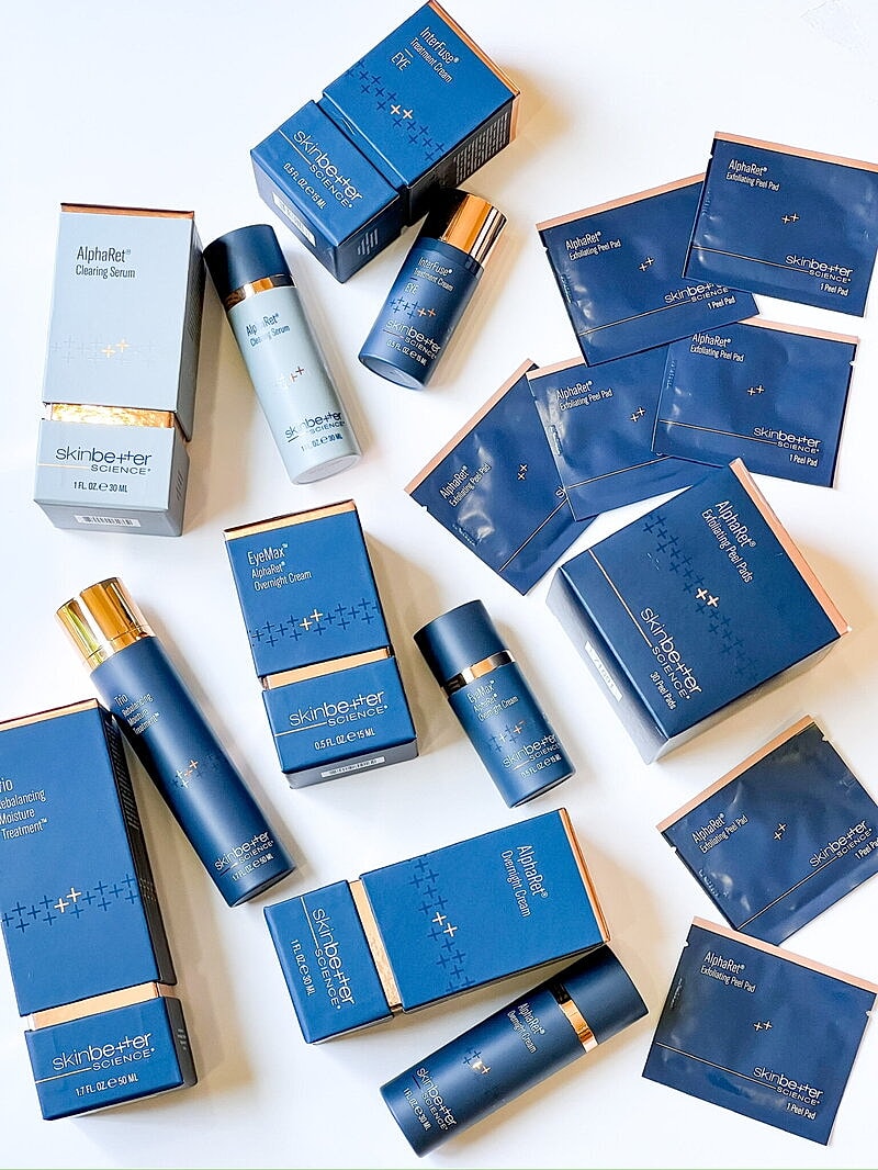 Skin care products from SkinBetter Science displayed.